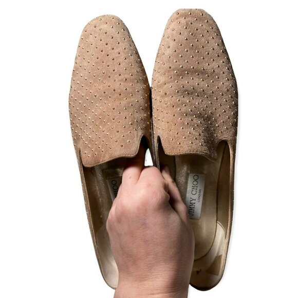 Jimmy Choo | Wheel Studded Suede Smoking Slipper Loafers Tan Sz 38/US 8 - Picture 2 of 8